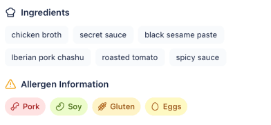 Allergen flags shown on a translated dish