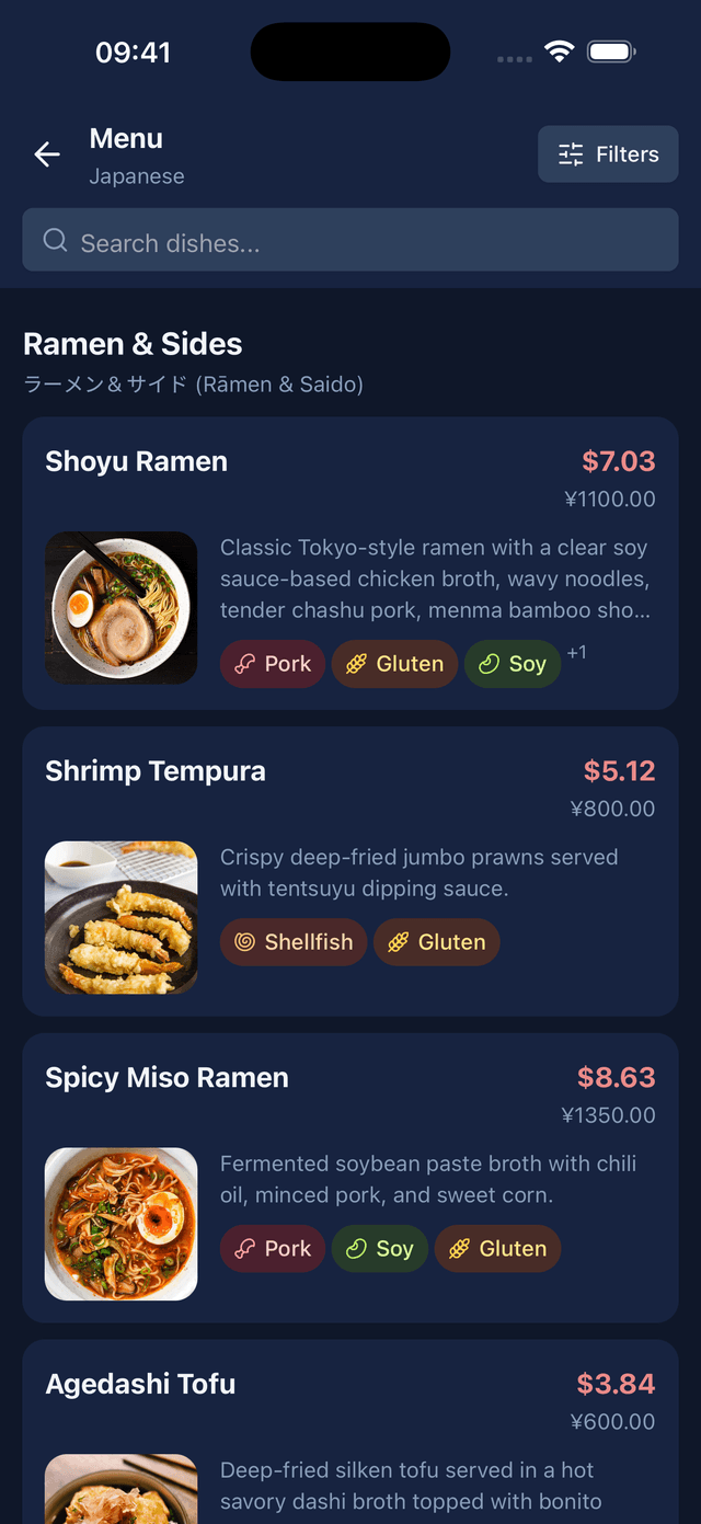 MenuVista app showing a translated restaurant menu with dish photos and prices