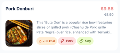 A single dish with its ingredients, allergens and nutrition broken down